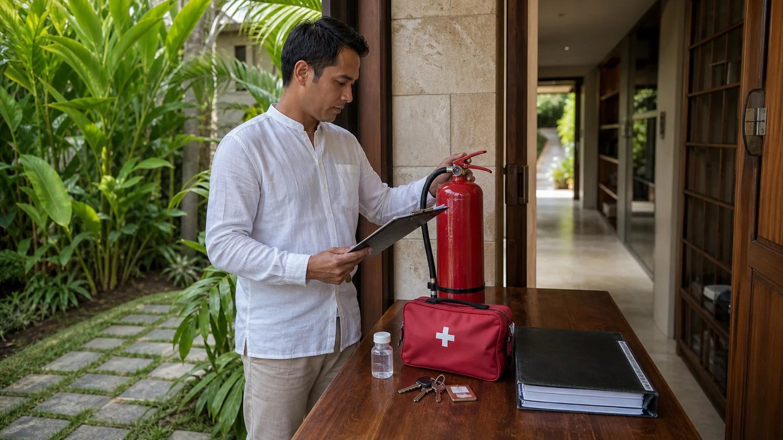 A Bali villa manager checks opening safety, water and property records