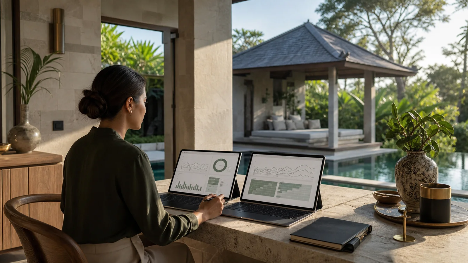 A villa operations manager compares internal results with a Bali market benchmark