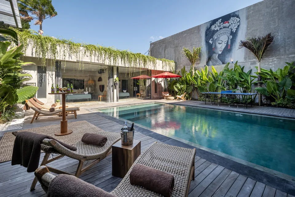 Concrete Serenity's art-lined pool courtyard